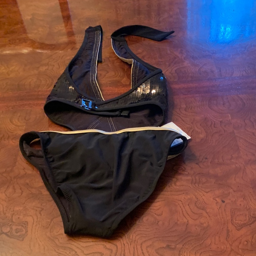 Sexy and Stylish Gottex Black Sequin One-Piece Swimsuit with Gold Trim - Picture 2 of 3
